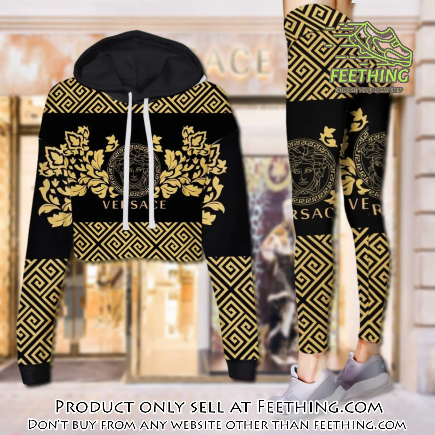 Versace medusa yellow pattern luxury brand clothes leggings and crop top set for women ft4345501